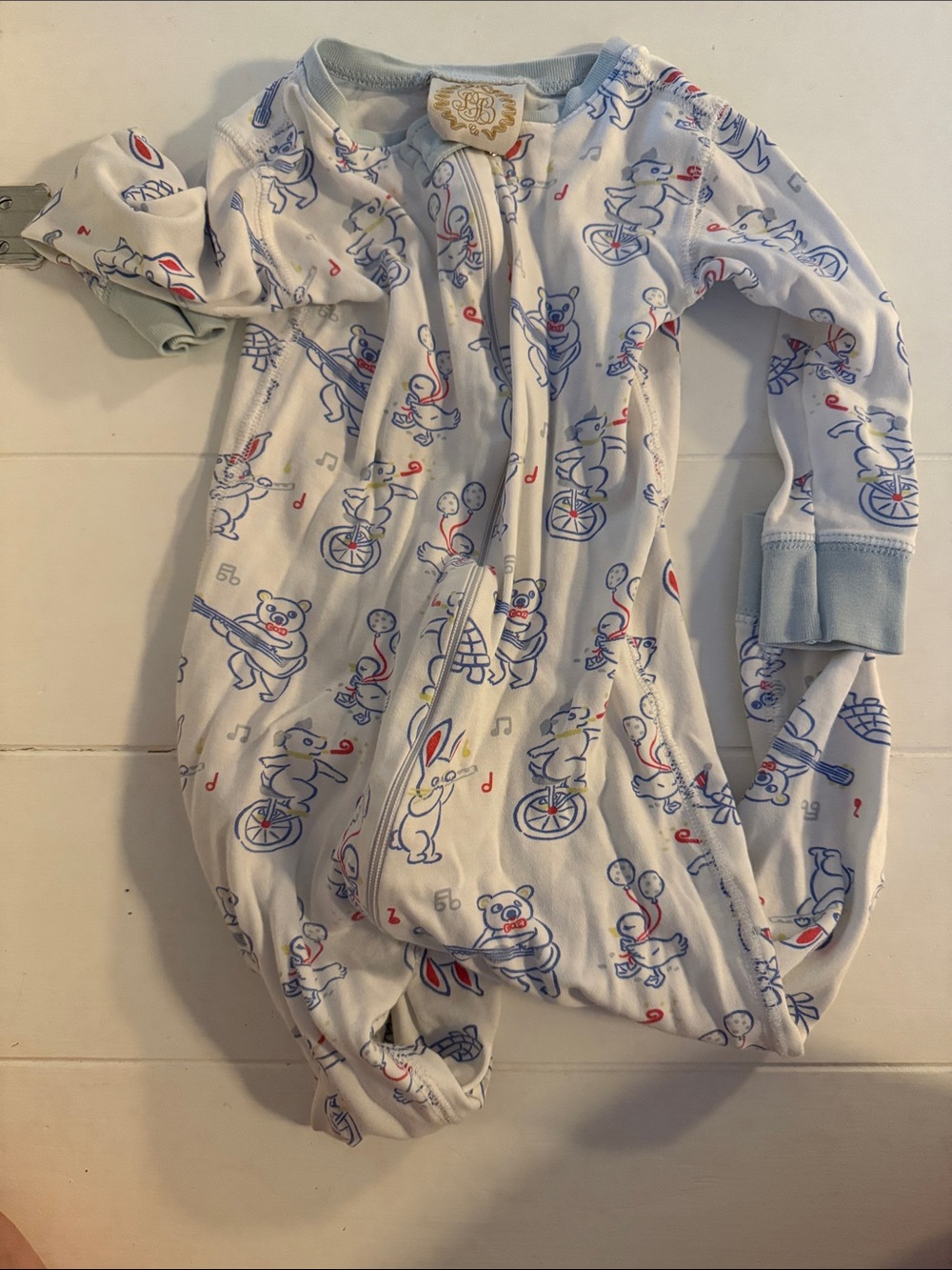 Baby Zip Footless Pajamas with Circus Animal Print - White and Light Blue